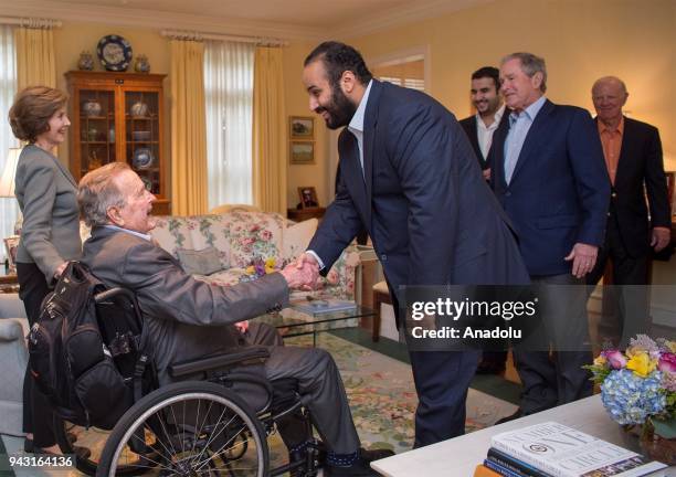 Crown Prince of Saudi Arabia Mohammed bin Salman Al Saud meets with 41st President George H.W. Bush , 43rd U.S. President, George W. Bush, his wife...