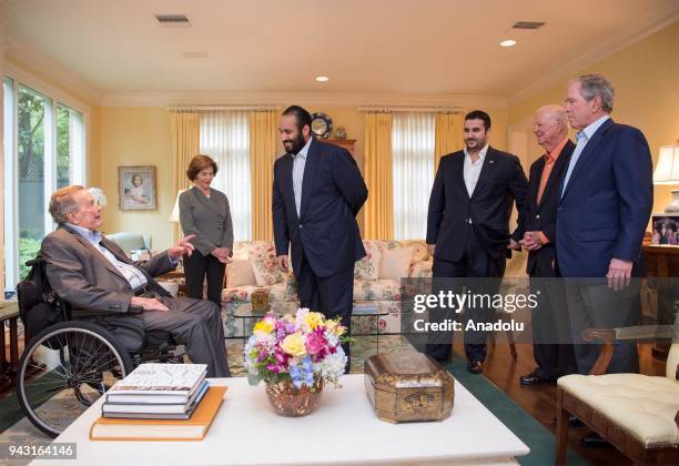 Crown Prince of Saudi Arabia Mohammed bin Salman Al Saud meets with 41st President George H.W. Bush , 43rd U.S. President, George W. Bush , his wife...