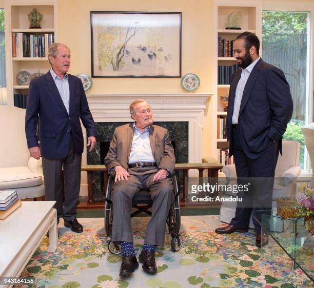 Crown Prince of Saudi Arabia Mohammed bin Salman Al Saud meets with 41st President George H.W. Bush and 43rd U.S. President, George W. Bush in...