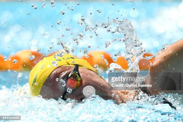 Bronte Campbell of Australia competes during the Women's 100m Freestyle Heat 4 on day four of the Gold Coast 2018 Commonwealth Games at Optus Aquatic...