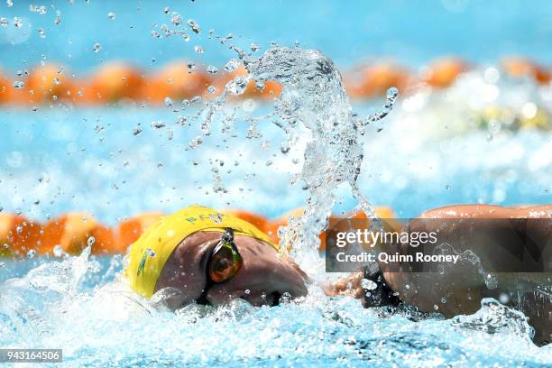 Bronte Campbell of Australia competes during the Women's 100m Freestyle Heat 4 on day four of the Gold Coast 2018 Commonwealth Games at Optus Aquatic...