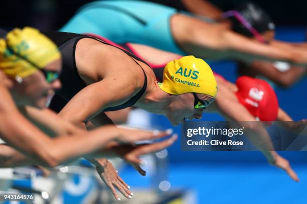 Bronte Campbell of Australia competes during the Women's 100m Freestyle Heat 4 on day four of the Gold Coast 2018 Commonwealth Games at Optus Aquatic...