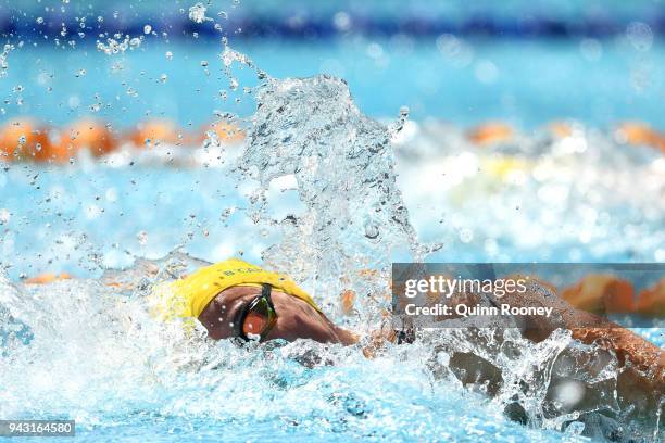 Bronte Campbell of Australia competes during the Women's 100m Freestyle Heat 4 on day four of the Gold Coast 2018 Commonwealth Games at Optus Aquatic...