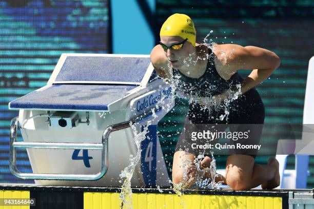 Bronte Campbell of Australia prepares ahead of the Women's 100m Freestyle Heat 4 on day four of the Gold Coast 2018 Commonwealth Games at Optus...