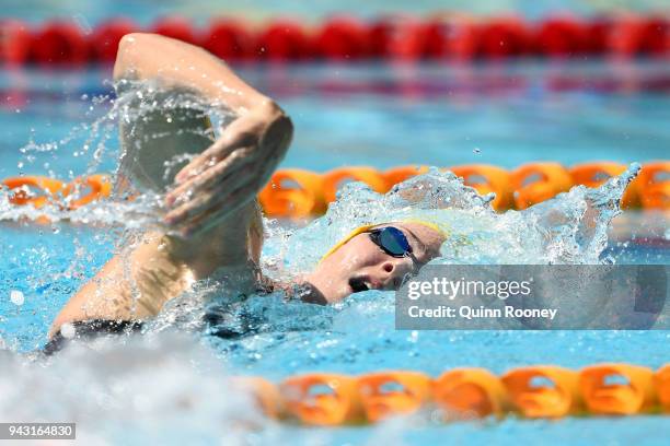 Cate Campbell of Australia competes during the Women's 100m Freestyle Heat 5 on day four of the Gold Coast 2018 Commonwealth Games at Optus Aquatic...