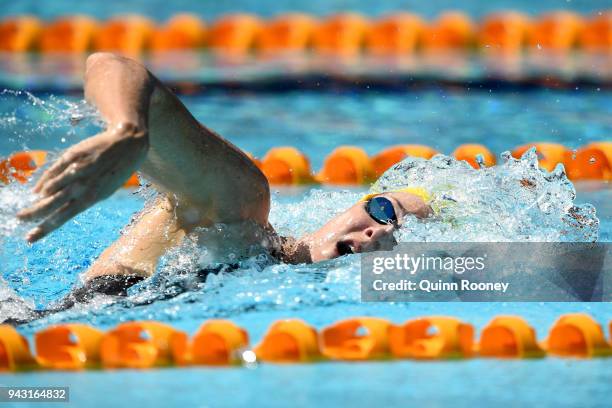 Cate Campbell of Australia competes during the Women's 100m Freestyle Heat 5 on day four of the Gold Coast 2018 Commonwealth Games at Optus Aquatic...