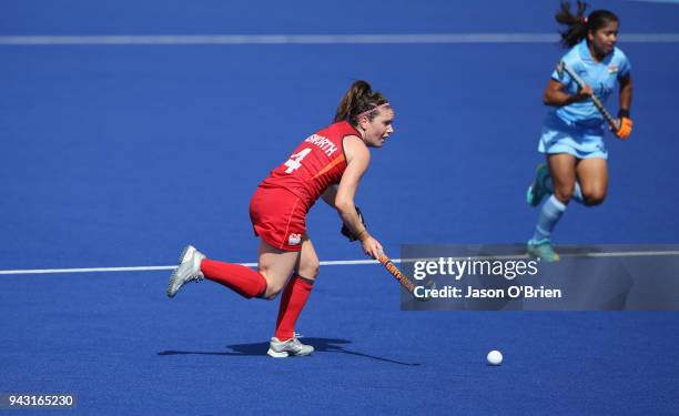 England's Laura Unsworth in action against India during Hockey on day four of the Gold Coast 2018 Commonwealth Games at Gold Coast Hockey Centre on...