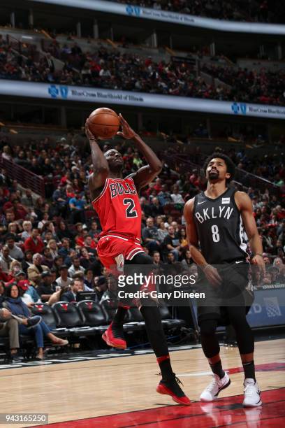 Jerian Grant of the Chicago Bulls shoots the ball against the Brooklyn Nets on April 7, 2018 at the United Center in Chicago, Illinois. NOTE TO USER:...