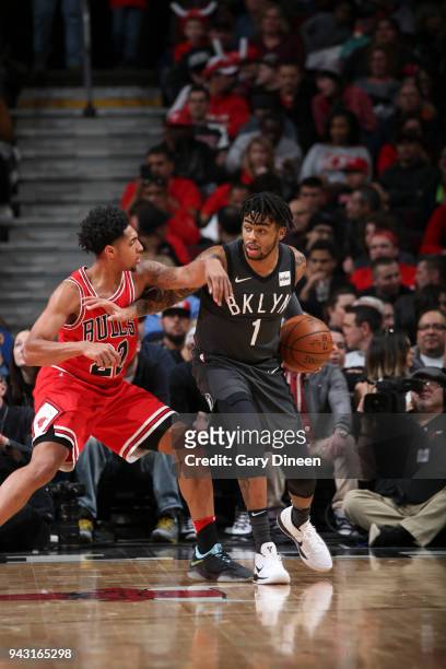 Angelo Russell of the Brooklyn Nets handles the ball against the Chicago Bulls on April 7, 2018 at the United Center in Chicago, Illinois. NOTE TO...
