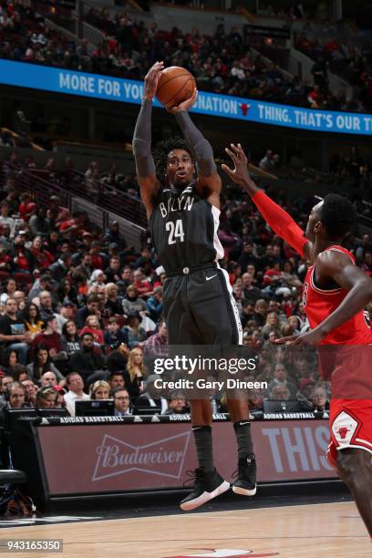 Rondae Hollis-Jefferson of the Brooklyn Nets shoots the ball against the Chicago Bulls on April 7, 2018 at the United Center in Chicago, Illinois....