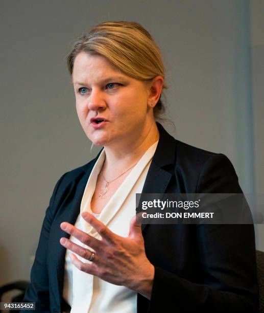 Lisa Marsch, of the Geisel School of Medicine at Dartmouth, answers questions about heroin and synthetic drug abuse March 29, 2018 in Hanover, New...