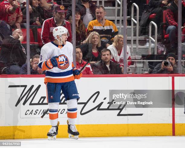 Ryan Pulock of the New York Islanders celebrates his third period goal during an NHL game against the Detroit Red Wings at Little Caesars Arena on...