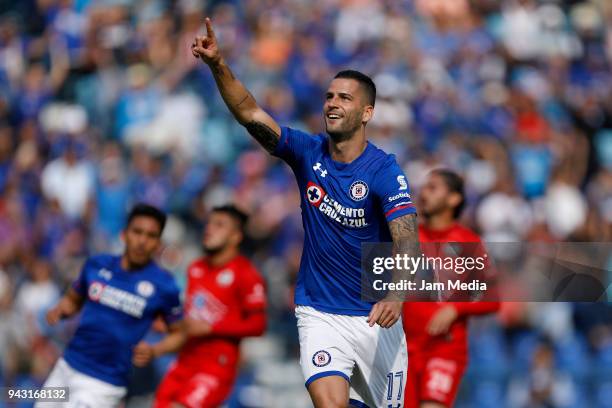 Edgar Mendez of Cruz Azul celebrates after scoring the first goal of his team during the 14th round match between Cruz Azul and Lobos BUAP at Azul...