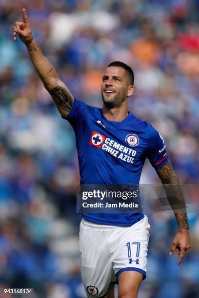 Edgar Mendez del Cruz Azul celebrates after scoring the first goal of his team during the 14th round match between Cruz Azul and Lobos BUAP at Azul...