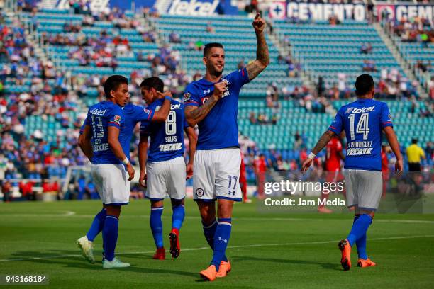 Edgar Mendez of Cruz Azul celebrates after scoring the first goal of his team during the 14th round match between Cruz Azul and Lobos BUAP at Azul...