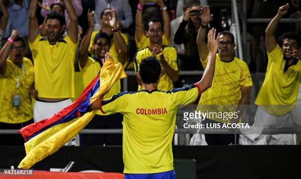 Colombian tennis player Daniel Galan celebrates after defeating Brazilian tennis player Thiago Monteiro during their Americas Zone Group I, 2nd round...