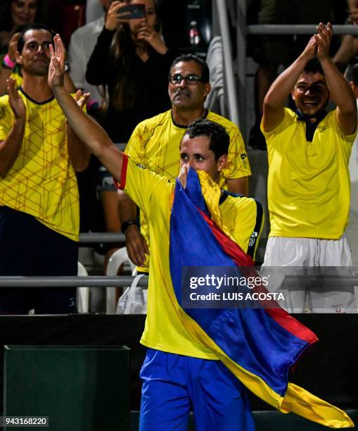 Colombian tennis player Daniel Galan celebrates after defeating Brazilian tennis player Thiago Monteiro during their Americas Zone Group I, 2nd round...