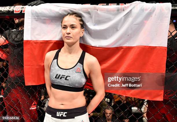 Karolina Kowalkiewicz of Poland prepares to face Felice Herrig in their women's strawweight bout during the UFC 223 event inside Barclays Center on...