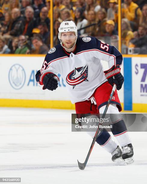 Mark Letestu of the Columbus Blue Jackets skates against the Nashville Predators during an NHL game at Bridgestone Arena on April 7, 2018 in...