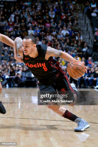 Shabazz Napier of the Portland Trail Blazers drives to the basket against the San Antonio Spurs on April 7, 2018 at the AT&T Center in San Antonio,...