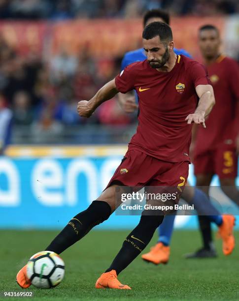 Maxime Gonalons of AS Roma in action during the serie A match between AS Roma and ACF Fiorentina at Stadio Olimpico on April 7, 2018 in Rome, Italy.