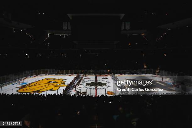 The Notre Dame Fighting Irish take on the University of Minnesota Duluth Bulldogs during the Division I Men's Ice Hockey Semifinals held at the Xcel...