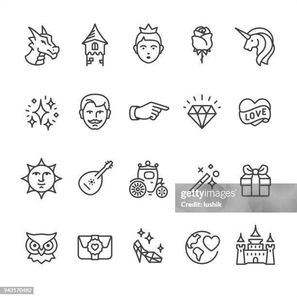 ilustrações de stock, clip art, desenhos animados e ícones de princess and fairy tale - outline vector icons - prince symbol