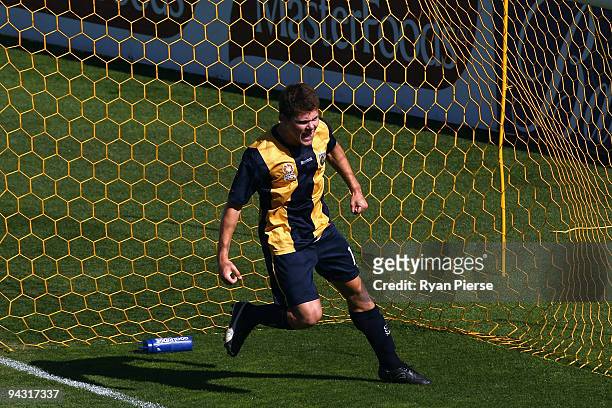 Brady Smith of the Mariners celebrates after scoring his team's first goal during the round 14 National Youth League match between the Central Coast...