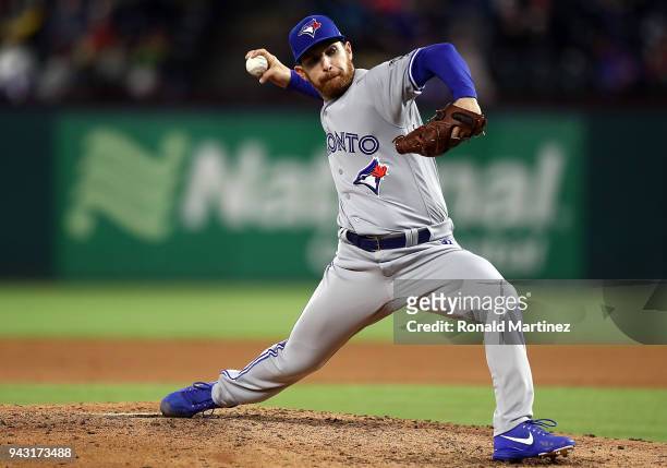 Danny Barnes of the Toronto Blue Jays throws against the Texas Rangers in the fifth inning at Globe Life Park in Arlington on April 7, 2018 in...