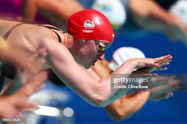 Sarah Vasey of England competes during the Women's 100m Breaststroke Heat 3 on day four of the Gold Coast 2018 Commonwealth Games at Optus Aquatic...