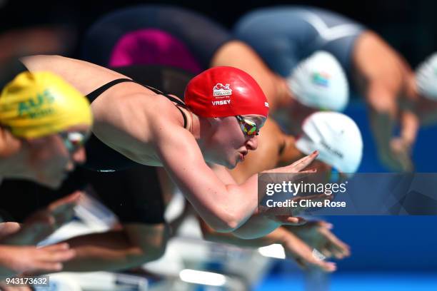 Sarah Vasey of England competes during the Women's 100m Breaststroke Heat 3 on day four of the Gold Coast 2018 Commonwealth Games at Optus Aquatic...