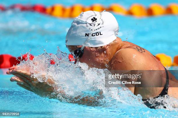 Rachel Nicol of Canada competes during the Women's 100m Breaststroke Heat 4 on day four of the Gold Coast 2018 Commonwealth Games at Optus Aquatic...