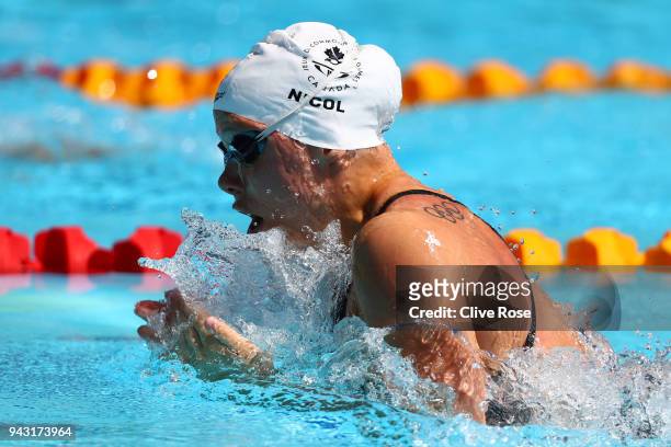 Rachel Nicol of Canada competes during the Women's 100m Breaststroke Heat 4 on day four of the Gold Coast 2018 Commonwealth Games at Optus Aquatic...