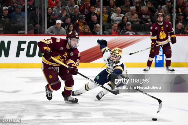 Peter Krieger of the Minnesota-Duluth Bulldogs and Jake Evans of the Notre Dame Fighting Irish battle for the puck during the Division I Men's Ice...