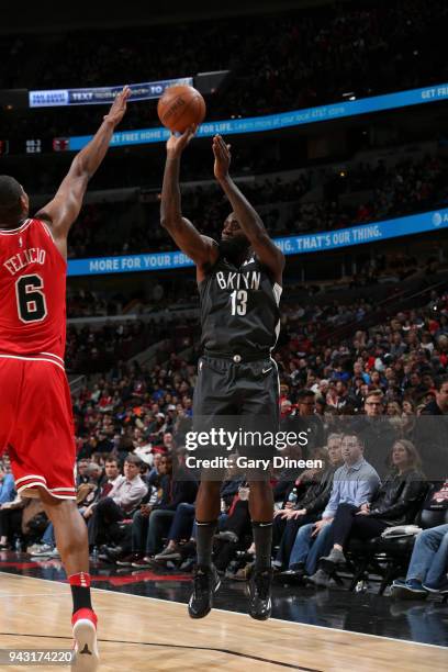 Quincy Acy of the Brooklyn Nets shoots the ball against the Chicago Bulls on April 7, 2018 at the United Center in Chicago, Illinois. NOTE TO USER:...