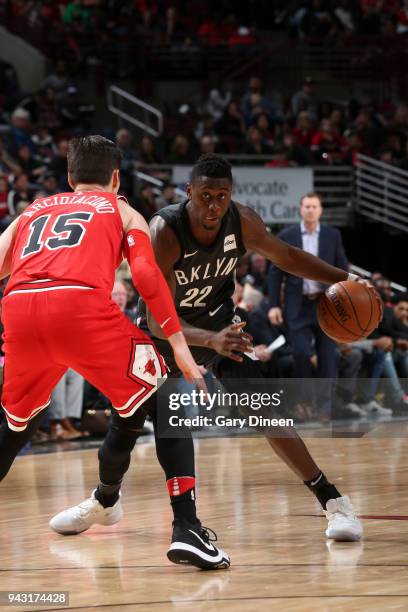 Caris LeVert of the Brooklyn Nets handles the ball against the Chicago Bulls on April 7, 2018 at the United Center in Chicago, Illinois. NOTE TO...