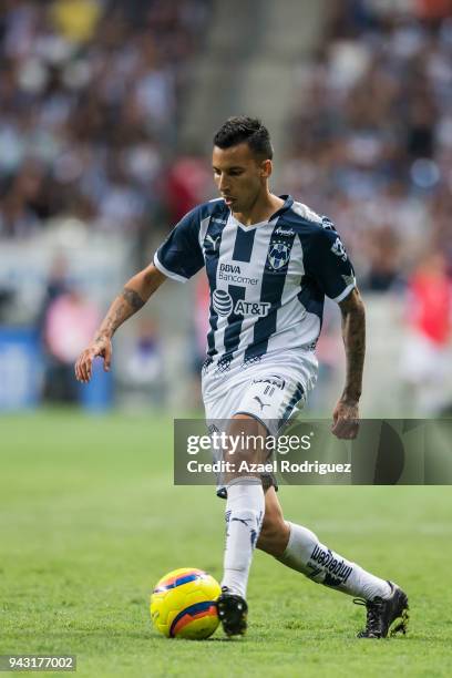 Jonathan Urretaviscaya of Monterrey drives the ball during the 14th round match between Monterrey and Pumas UNAM as part of the Torneo Clausura 2018...