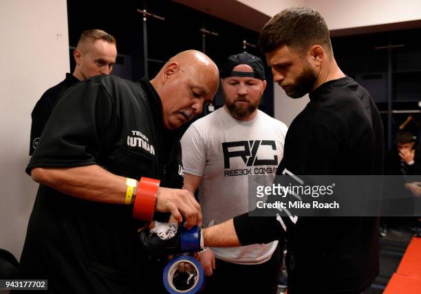 Calvin Kattar has his hands wrapped prior to his bout against Renato Moicano during the UFC 223 event inside Barclays Center on April 7, 2018 in...