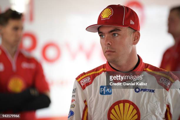 Scott McLaughlin driver of the Shell V-Power Racing Team Ford Falcon FGX looks on during qalifying for race 2 of the Supercars Tasmania SuperSprint...