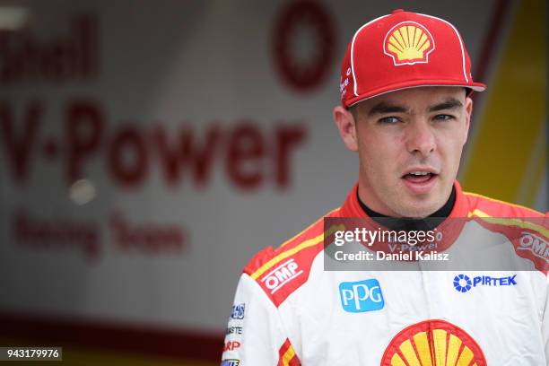 Scott McLaughlin driver of the Shell V-Power Racing Team Ford Falcon FGX looks on during qalifying for race 2 of the Supercars Tasmania SuperSprint...