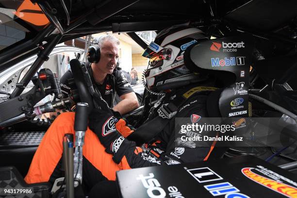 Scott Pye driver of the Mobil 1 Boost Mobile Racing Holden Commodore ZB looks on during qalifying for race 2 of the Supercars Tasmania SuperSprint on...