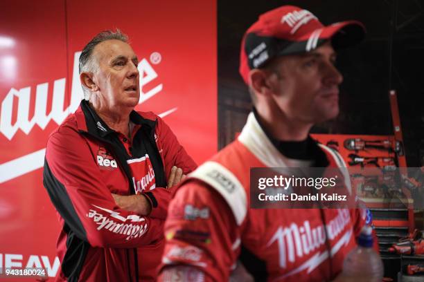 Phil Munday team owner of 23Red Milwaukee Racing looks on during qalifying for race 2 of the Supercars Tasmania SuperSprint on April 8, 2018 in...