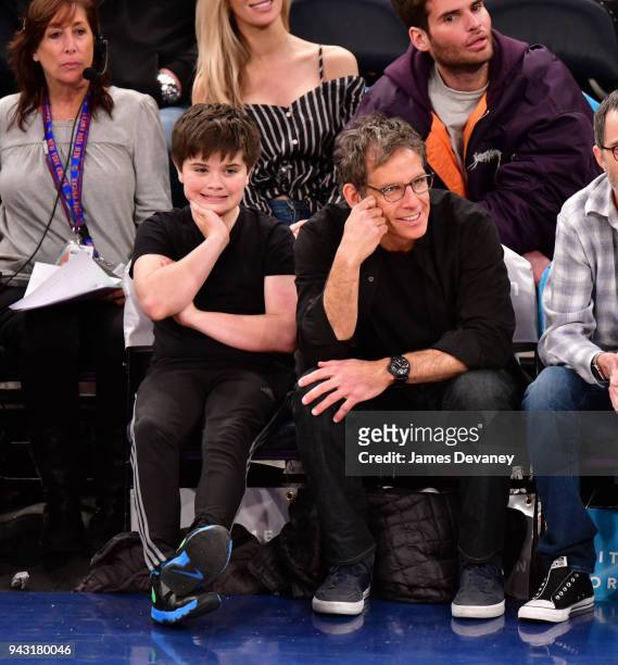 Quinlin Stiller and Ben Stiller attend New York Knicks Vs Milwaukee Bucks game at Madison Square Garden on April 7, 2018 in New York City.