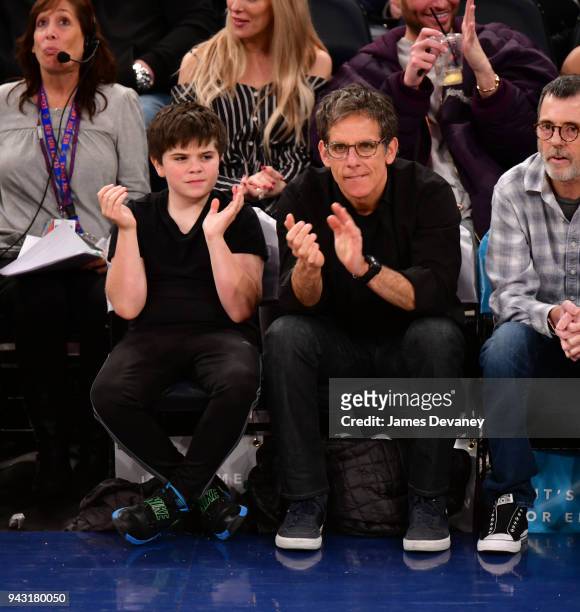 Quinlin Stiller and Ben Stiller attend New York Knicks Vs Milwaukee Bucks game at Madison Square Garden on April 7, 2018 in New York City.
