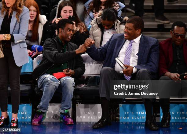 Chris Rock and Bernard King attend New York Knicks Vs Milwaukee Bucks game at Madison Square Garden on April 7, 2018 in New York City.