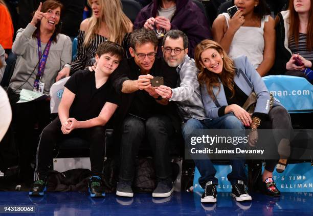 Quinlin Stiller, Ben Stiller and guests attend New York Knicks Vs Milwaukee Bucks game at Madison Square Garden on April 7, 2018 in New York City.