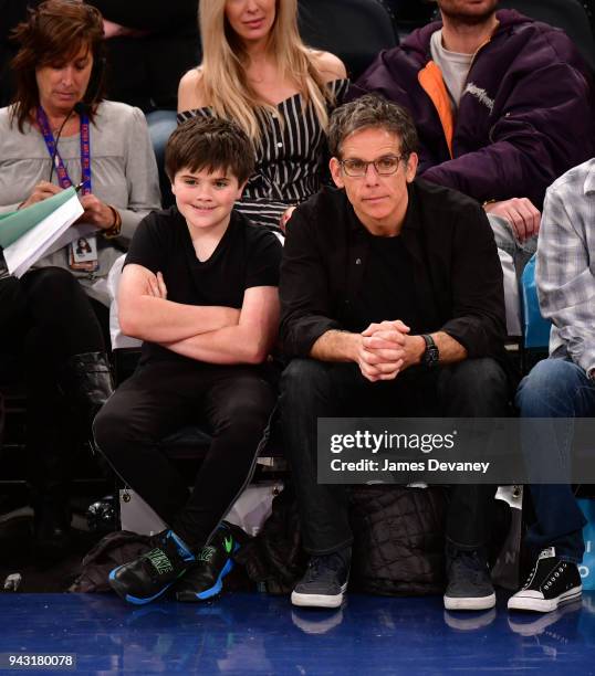 Quinlin Stiller and Ben Stiller attend New York Knicks Vs Milwaukee Bucks game at Madison Square Garden on April 7, 2018 in New York City.