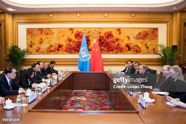 Chinese state councilor Yang Jiechi meets with United Nations Secretary General-designate Antonio Guterres at Zhongnanhai on April 8, 2018 in...