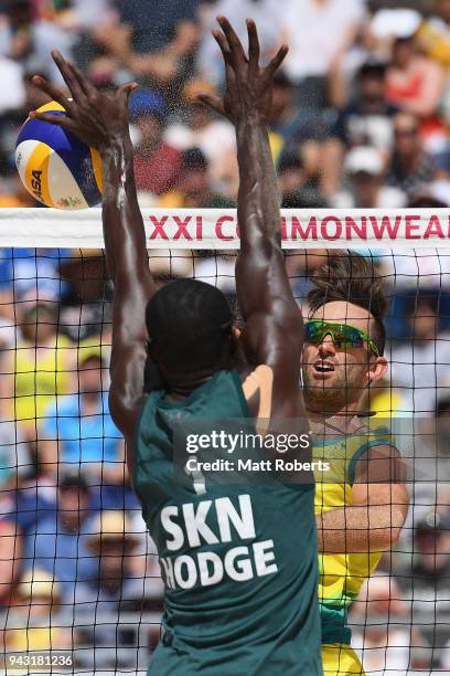 Damien Schumann of Australia competes during the Beach Volleyball Men's Preliminary round against Shawn Seabrookes and St Clair Hodge of Saint Kitts...