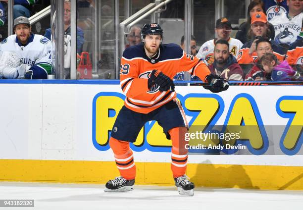 Leon Draisaitl of the Edmonton Oilers skates during the game against the Vancouver Canucks on April 7, 2018 at Rogers Place in Edmonton, Alberta,...